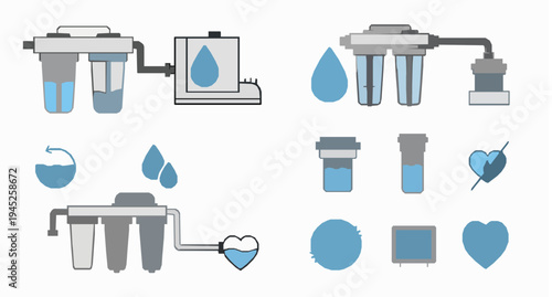 Water Filtration System Icons Set for Clean Drinking Water Purification Vector
