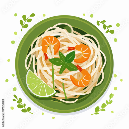 Pad Thai Noodle Dish Illustration, top view