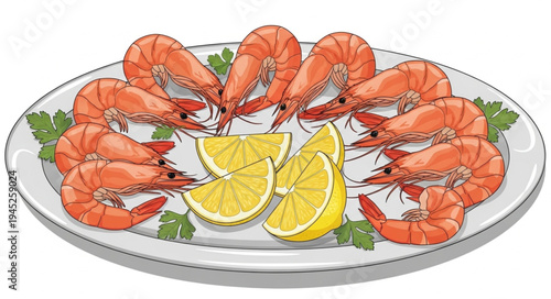 Plate of cooked shrimp with lemon and parsley garnish.