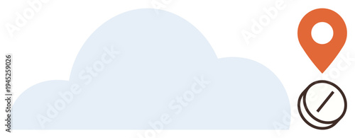 Cloud technology, geolocation, data storage, global access, map services, digital integration. Minimalist cloud graphic with an orange map pin and globe icon. Cloud technology and geolocation