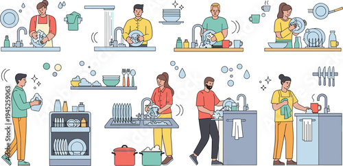 Diverse people washing dishes cleaning kitchenware and organizing plates at the sink in a modern minimalist flat line vector style