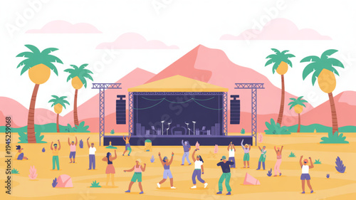People dancing at outdoor music festival with stage and palm trees in desert landscape
