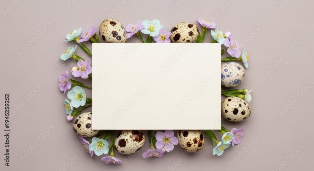 Fototapeta premium Easter Composition with Quail Eggs: A delicate arrangement of quail eggs, pastel flowers, and a blank card, capturing the freshness and anticipation of springtime.
