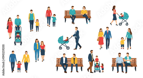 Collection of flat vector illustrations depicting various family dynamics and everyday parenting moments