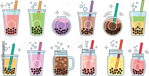 Colorful assortment of bubble tea icons featuring various flavors pearls and cup styles in a clean modern flat line vector design