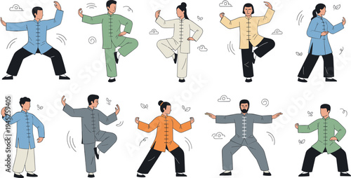 People practicing traditional tai chi and qigong martial arts movements for health and mindfulness in a minimalist flat line vector style