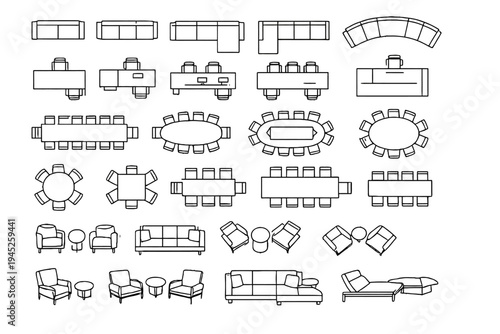 Conference, event, cafe and restaurant seat plan with various banquet and meeting tables and chairs. Flexible event seat planning options for wedding and business events