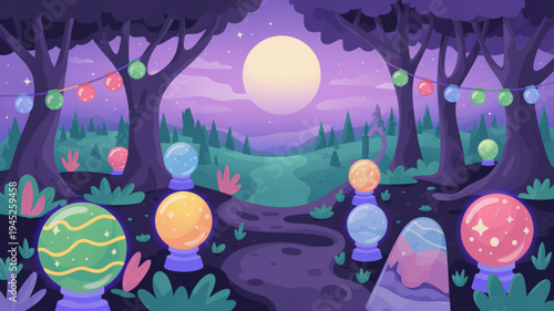 Whimsical forest scene with glowing orbs and string lights under a full moon at dusk mystical purple landscape with trees and pathway
