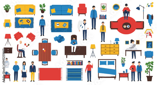 Collection of Furniture and People Icons in Various Settings