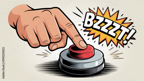 Hand pressing red button with bzzzt sound effect comic book style illustration action and excitement