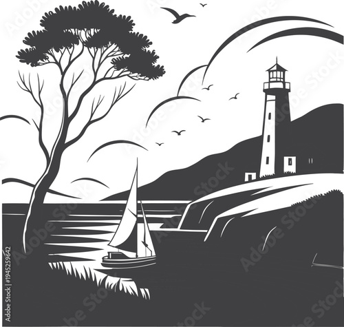 silhouette  lighthouse on the sea