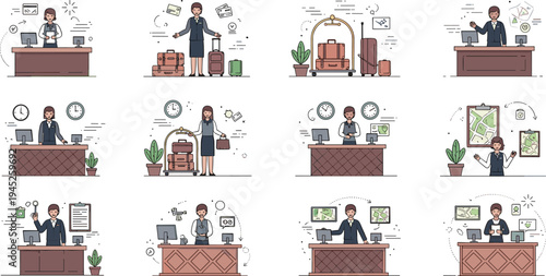 Hotel receptionists and concierge staff at service desks managing luggage and guest arrivals in a hospitality industry flat vector illustration set