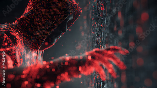 Abstract hacker versus security battle with glowing cyber particles and digital network disruption