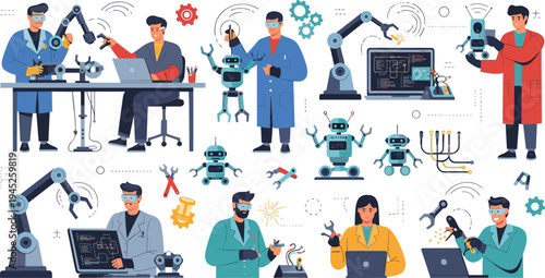 Robotics engineers and scientists building robots with mechanical arms and artificial intelligence technology in laboratory flat vector illustration set