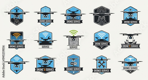 Collection of drone logos and emblems in blue and black.