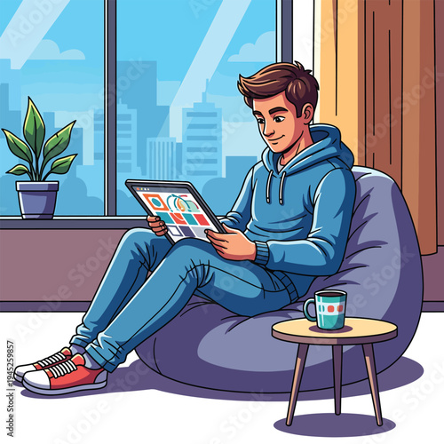 Man sits on beanbag chair reading tablet indoors with city view