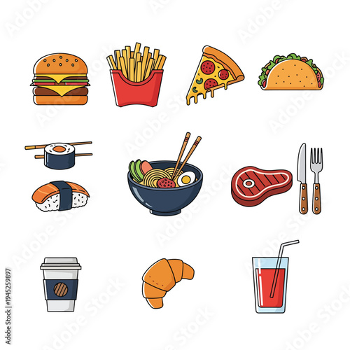 A colorful illustration of various food items on a white background