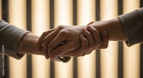 Two people shaking hands in a symbolic gesture of agreement or partnership