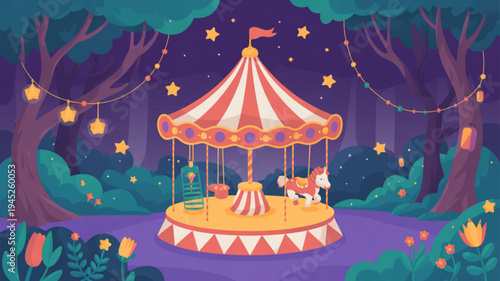 Vibrant nighttime scene of a colorful merry go round in a magical forest with twinkling lights and stars