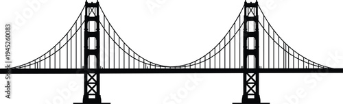 Suspension bridge silhouette icon, landmark architecture graphic, civil engineering symbol, structural design tool, black vector, white background