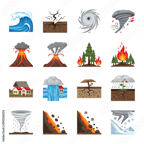 Vector illustration shows various natural disaster icons like hurricanes and volcanoes.