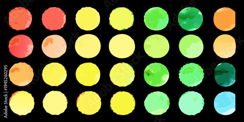 Watercolor palette of oval shapes in varying warm and cool tones