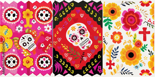 Colorful sugar skull and floral patterns inspired by d a de los muertos
