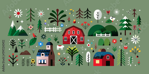 Stylized illustration of a rural landscape with buildings and foliage