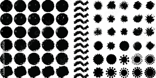 Collection of abstract black brush strokes and textured shapes