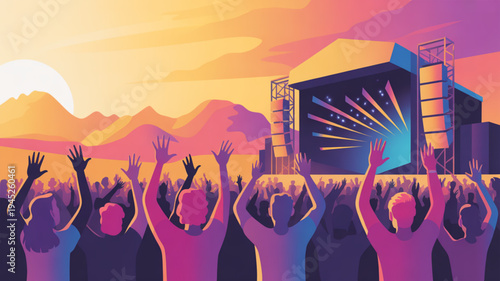 People at outdoor music festival with stage and mountains at colorful sunset
