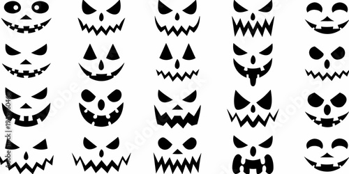 Collection of various spooky jack o lantern faces on a white background