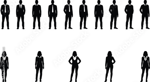 Set of Professional Business Men and Women Silhouettes in Formal Suits and Office Attire for Corporate Leadership Career and Teamwork