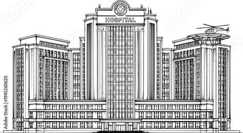 Modern Hospital Building Silhouette - Healthcare Medical Center and Emergency Facility Vector Illustration