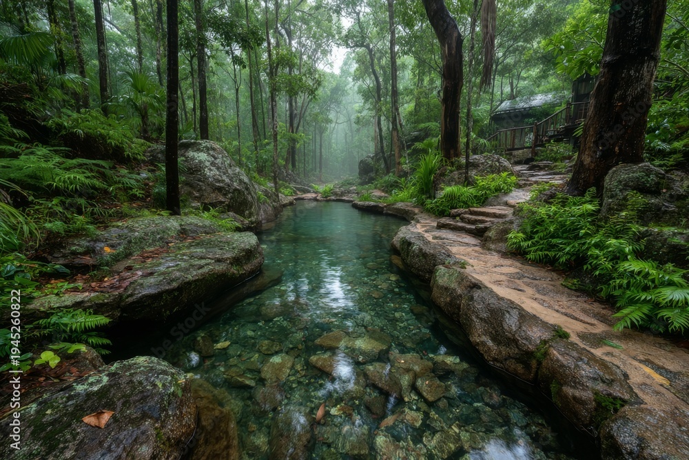 Fototapeta premium Surrounded by a lush green forest, the steaming outdoor hot spring offers natural wellness and tranquility