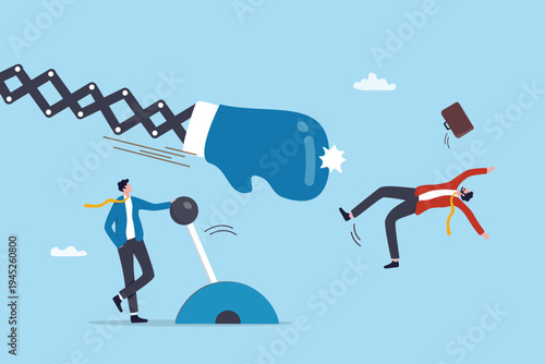 Using tool to win business competition, technology or professional to help support progress through problem, instrument or automation concept, businessman turn on automation tool to win business.