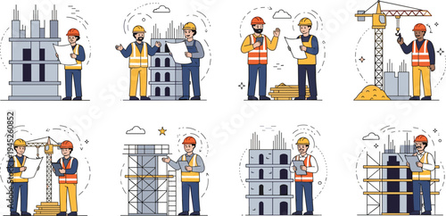 Construction workers and engineers in safety vests reviewing blueprints and supervising building site development with cranes in flat vector illustration set