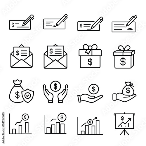 Financial investment and money profit outline icon featuring bank check signature, dollar growth chart, savings insurance fund more vector illustration or editable stroke.