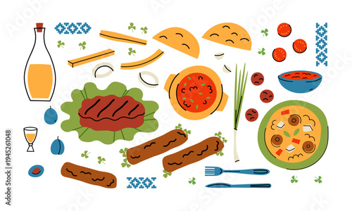 Serbian cuisine. Balkan kitchen. Food set with kebapche, slivovitz, shopska salad, soup. Vector flat illustration of traditional dishes. local dishes with ethnic ornaments in cartoon style