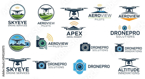 Collection of drone logos and icons for technology companies.
