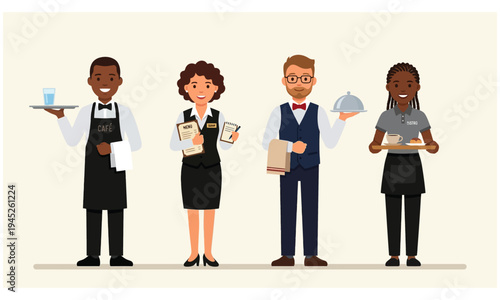 Diverse restaurant staff serving customers, including waiters, waitresses, and servers holding trays with food and drinks
