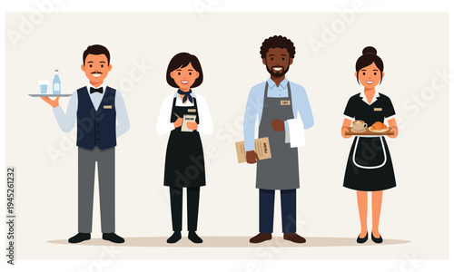 Group of four waiters and waitresses in uniform carrying trays and menus, representing hospitality and service industry