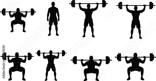 Set of Weightlifter Silhouettes Performing Squats and Overhead Press with Barbell for Bodybuilding Fitness Gym Workout and Strength Training Vector