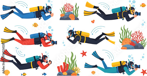 Scuba divers set with underwater photographers swimming in ocean with coral reefs fish and sea life flat vector illustrations