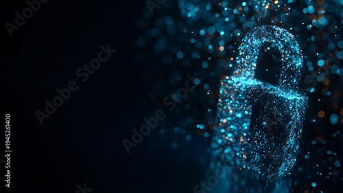 Abstract information security background featuring a glowing digital padlock, symbolizing data protection and cyber network safety in a futuristic environment