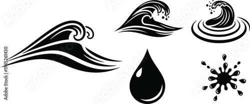 Black and white wave and water drop illustrations