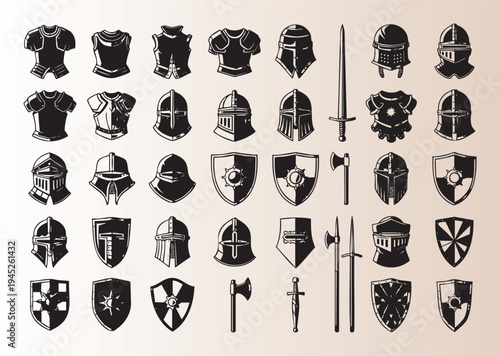 Collection of medieval armor helmets shields and weapons vector illustration set perfect for history games or fantasy designs