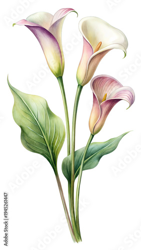 Elegant watercolor illustration of three calla lilies with pink and white petals isolated on Transparent Background