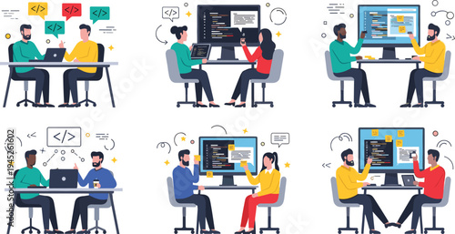 Software Developers And Engineers Working In Teams Coding Programming And Discussing UI UX Projects In Professional Office Environment Flat Vector Set