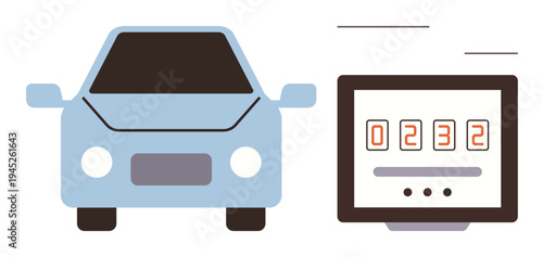 Vehicle tracking, mileage monitoring, transportation data, automotive technology, fleet management, mobility services. A car alongside a digital odometer display. Vehicle tracking and mileage