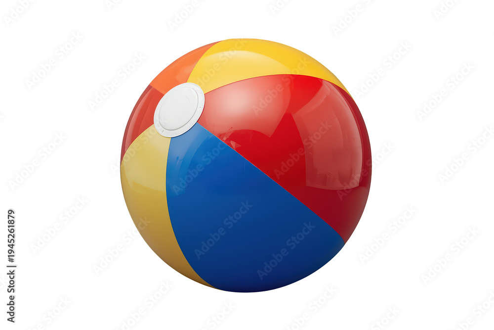 Fototapeta premium Inflatable beach ball featuring vibrant red, yellow, and blue panels. Perfect for summer activities, play, and vacation concepts